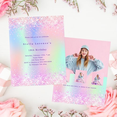 Pink purple holographic photo birthday invitation