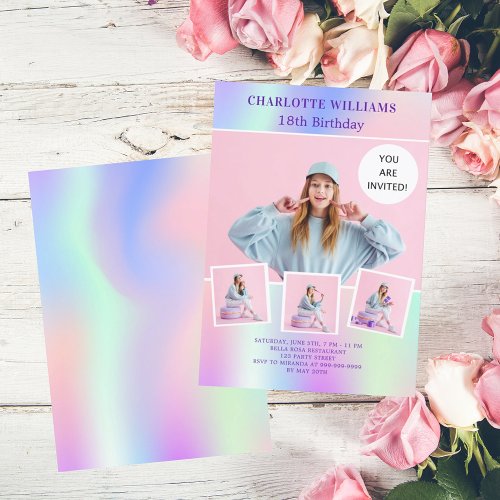 Pink purple holographic photo luxury birthday invitation