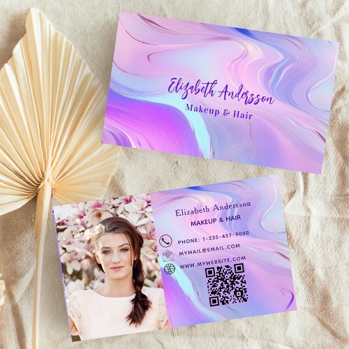 Pink purple holographic photo qr code business card