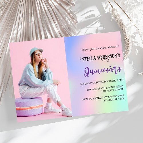 Pink purple holographic photo Quinceanera Invitation