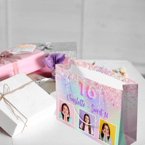 Pink purple holographic photo Sweet 16 Large Gift Bag