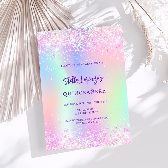 Pink purple holographic Quinceanera Invitation (Creator Uploaded)