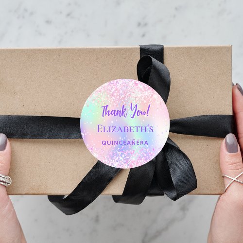 Pink purple holographic Quinceanera Thank You Classic Round Sticker