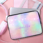 Pink purple holographic sparkle laptop sleeve<br><div class="desc">A trendy holographic iridescent, background with unicorn and rainbow pastel colors in pink, purple, mint green. Decorated with faux sparkles. Purple colored letters. Personalize and add your name written with a mothern hand lettered style script with swashes. To keep the swashes only delete the sample name, leave the spaces or...</div>