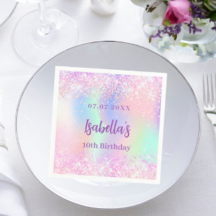 Pink purple holographic sparkles birthday party napkins