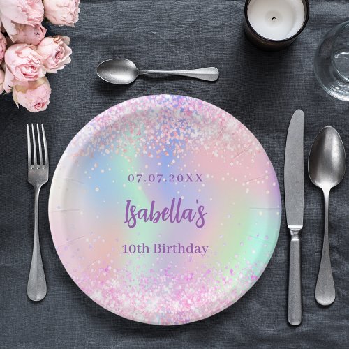Pink purple holographic sparkles birthday party paper plates