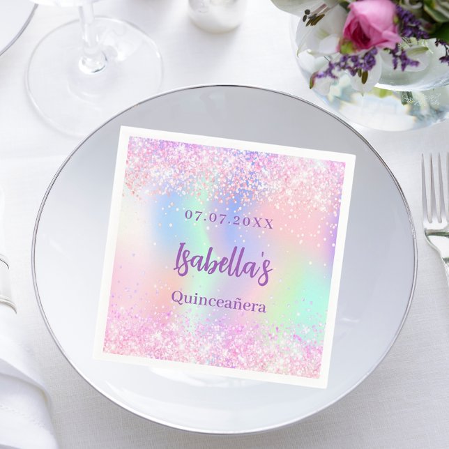 Pink purple holographic sparkles Quinceanera Napkins (Creator Uploaded)