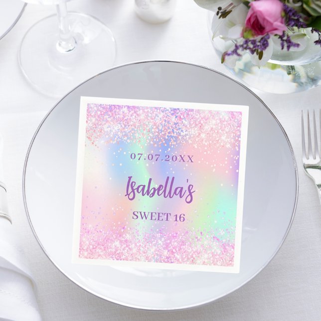 Pink purple holographic sparkles Sweet 16 Napkins (Creator Uploaded)
