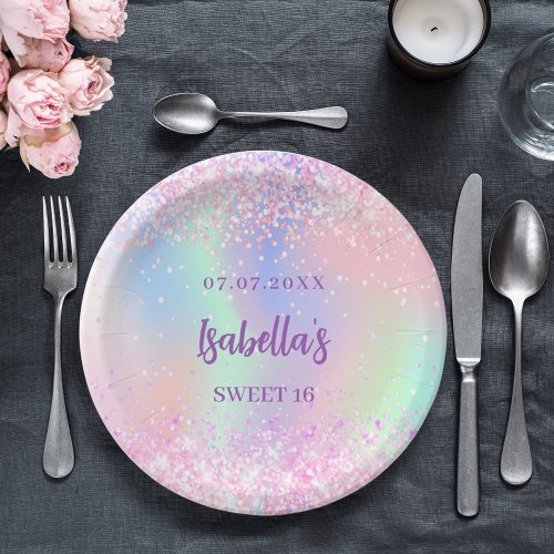 Pink purple holographic sparkles Sweet 16 Paper Plates