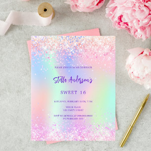 Pink purple holographic Sweet 16 budget invitation