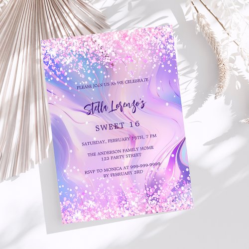 Pink purple holographic Sweet 16 Invitation