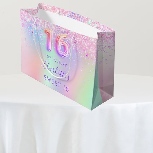 Pink purple holographic Sweet 16 Large Gift Bag