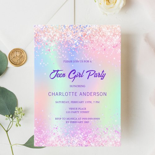Pink purple holographic teen girl birthday party invitation