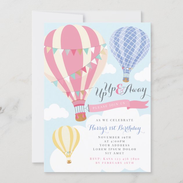 Hot air balloon birthday Invitations in pink and gold 