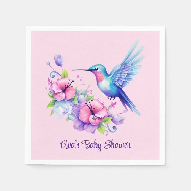 Pink & Purple Hummingbird Floral Girl Baby Shower Napkins (Front)