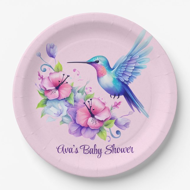 Pink & Purple Hummingbird Floral Girl Baby Shower Paper Plates (Front)