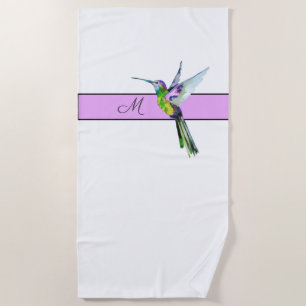 Pink Purple Hummingbird Monogram initial Beach Towel