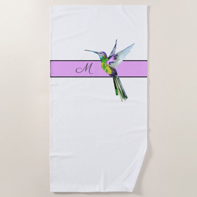 Pink Purple Hummingbird  Monogram initial  Beach Towel (Front)
