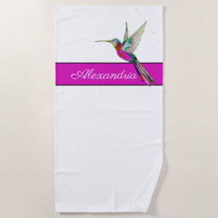 Pink Purple Hummingbird Monogram Name Beach Towel