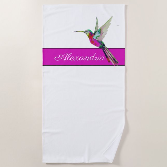 Pink Purple Hummingbird  Monogram Name Beach Towel (Front)