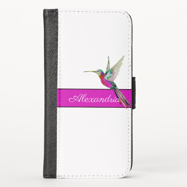 Pink Purple Hummingbird  Monogram Name  iPhone Wallet Case (Front)