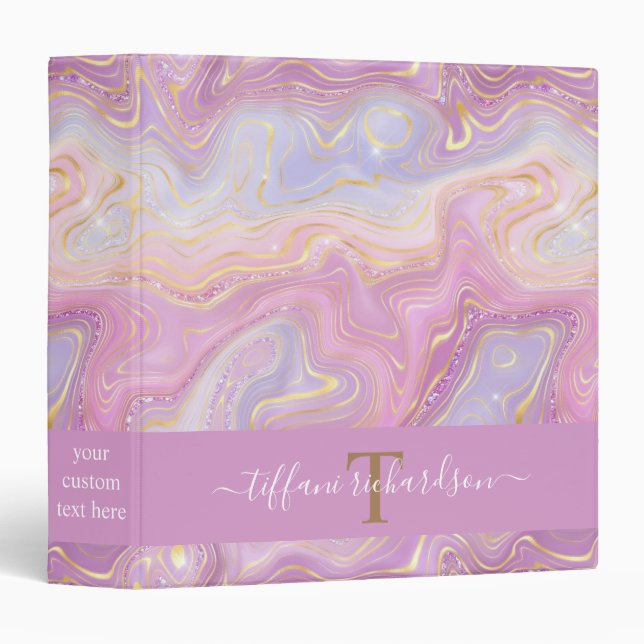Pink Purple Iridiescent Agate Script Office School 3 Ring Binder (Front/Spine)