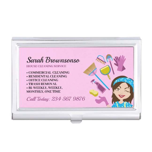 Pink Purple Janitor Woman Brand for Cleaning Business Card Case