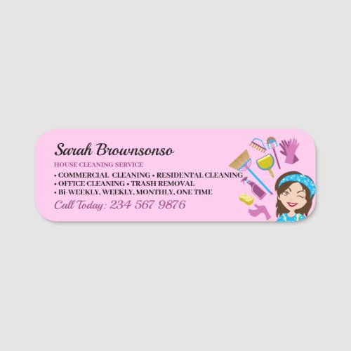 Pink Purple Janitorial Cartoon Cleaning Brand Name Tag
