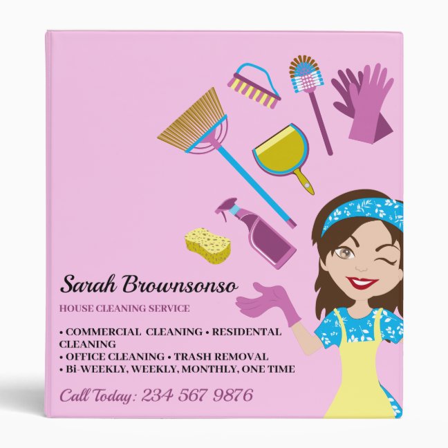 Pink Purple Janitorial Cartoon House Branding 3 Ring Binder