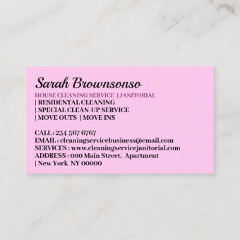 Pink Purple Janitorial Lady Cartoon House Cleaning Business Card 