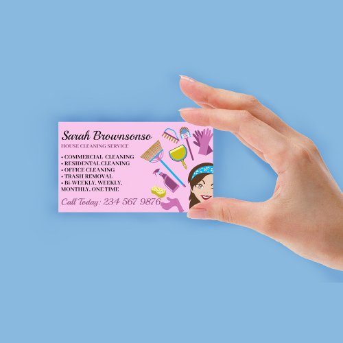 Pink Purple Janitorial Lady Cartoon House Cleaning Business Card