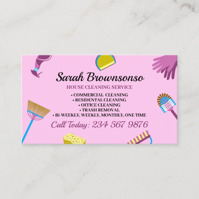 Pink Purple Janitorial Lady Tools ofHouse Cleaning Business Card