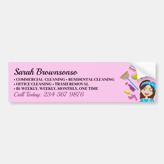 Pink Purple Janitorial Woman Cartoon Cleaning Bumper Sticker (Front)