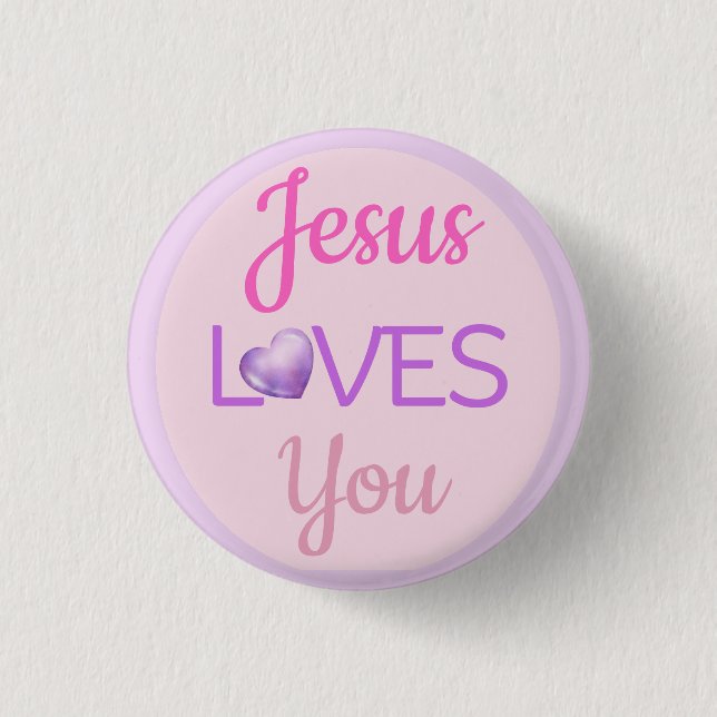 Pink Purple Jesus Loves You Quote Magnet Button (Front)