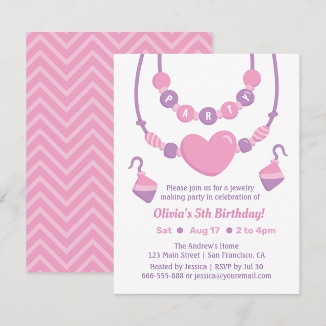 Pink Purple Jewelry Making Girls Party Invitations (Front/Back)