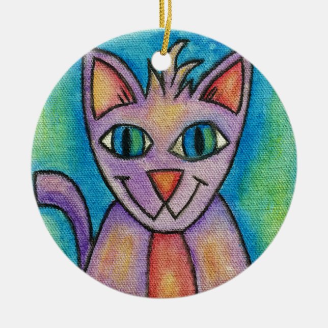 Pink Purple Kitty Cat Ceramic Ornament (Front)