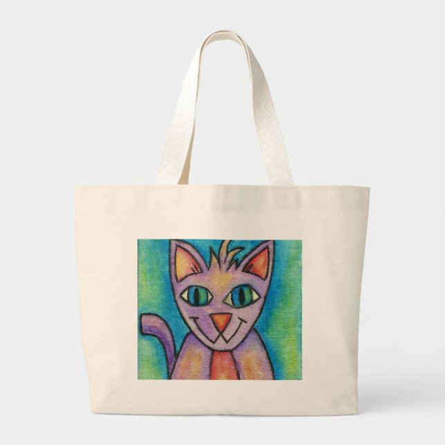 Pink Purple Kitty Cat Large Tote Bag (Front)