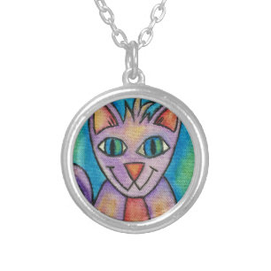 Pink Purple Kitty Cat Silver Plated Necklace