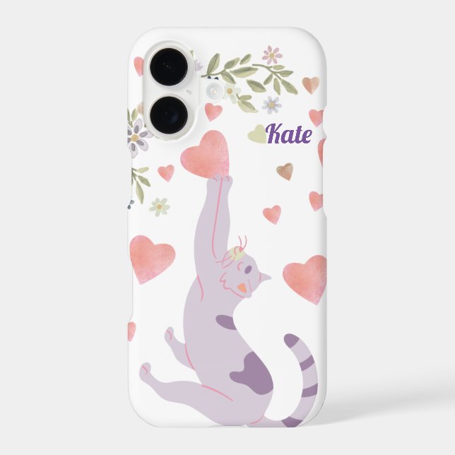 Pink Purple Kitty & Hearts Cute Modern Case-Mate iPhone Case (Back)
