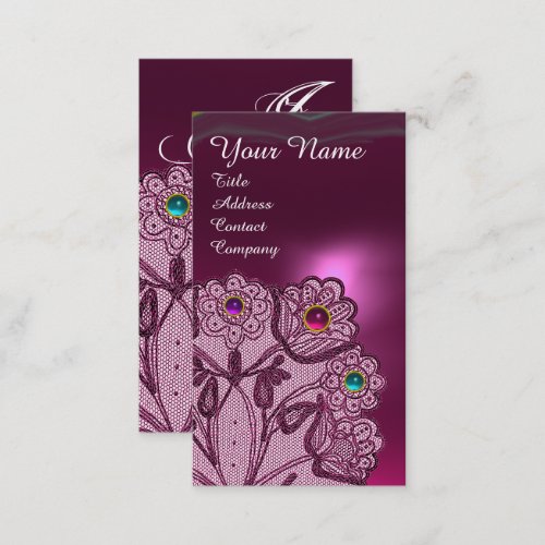PINK PURPLE LACE FLOWERS COLORFUL GEMS MONOGRAM BUSINESS CARD