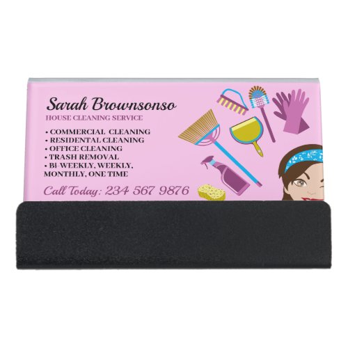 Pink Purple Lady Cartoon House Cleaning Brands Desk Business Card Holder