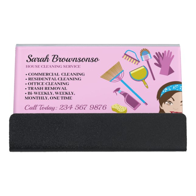 Pink Purple Lady Cartoon House Cleaning Brands Desk Business Card Holder (Front)