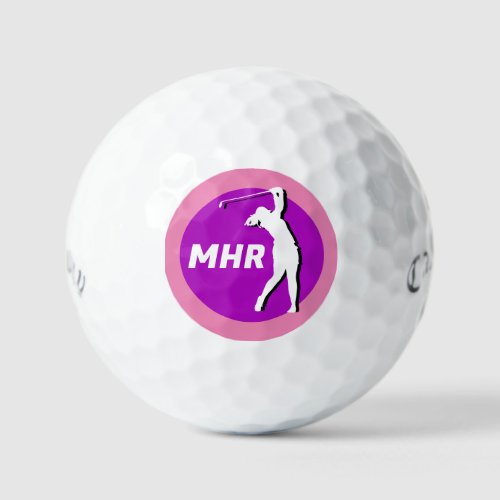 PinkPurple Lady Golfer Monogram Golf Ball