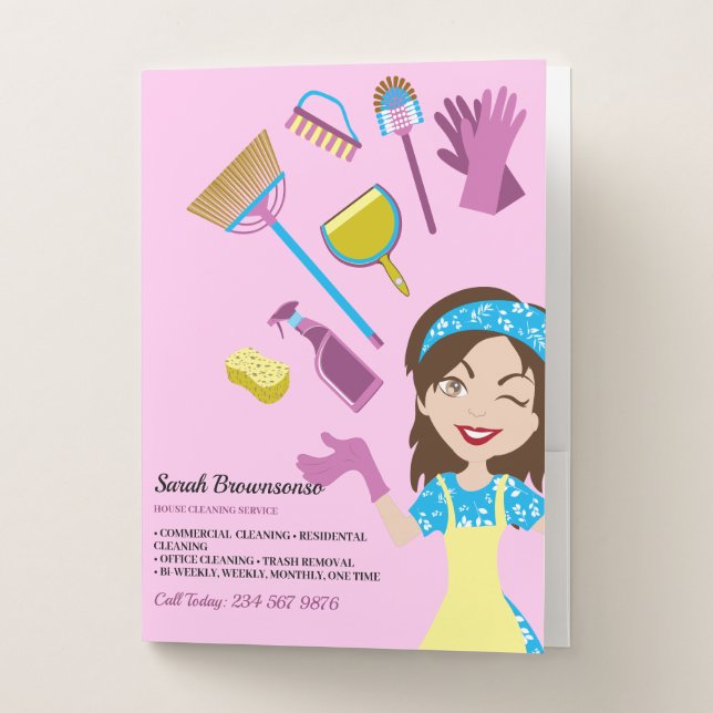 Pink Purple Lady Janitorial Cute Cartoon Pocket Folder (Front)