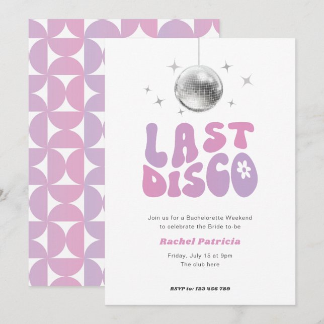 pink purple last disco, retro bachelorette party invitation (Front/Back)