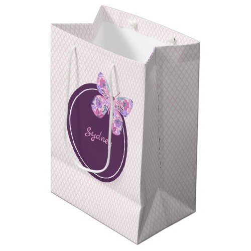 Pink Purple Lattice Pattern Personalized Butterfly Medium Gift Bag