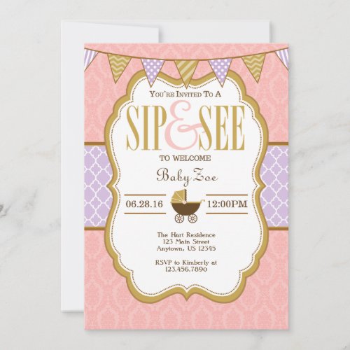 Pink Purple Lavender Gold Sip And See Invitation