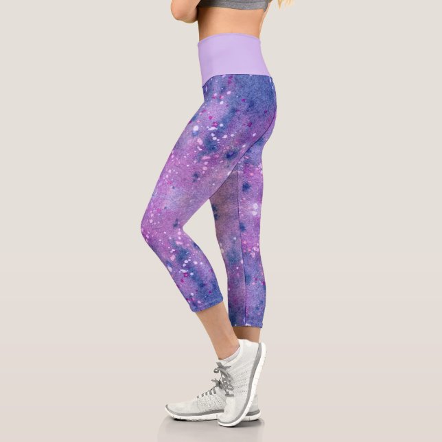 Pink Purple Lavender Watercolor Paint Spatters Capri Leggings (Left)