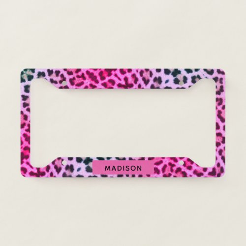 Pink Purple Leopard Print Personalized Name License Plate Frame