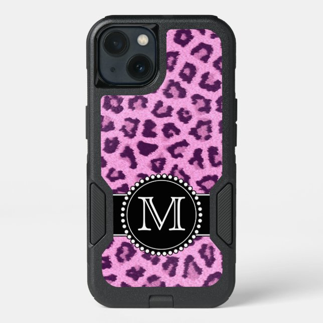 Pink, Purple, Leopard Skin Monogrammed Defender Otterbox iPhone Case (Back)